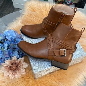 NEW! Cognac Brown Braided Strap Low Boots By Chase And Chloe